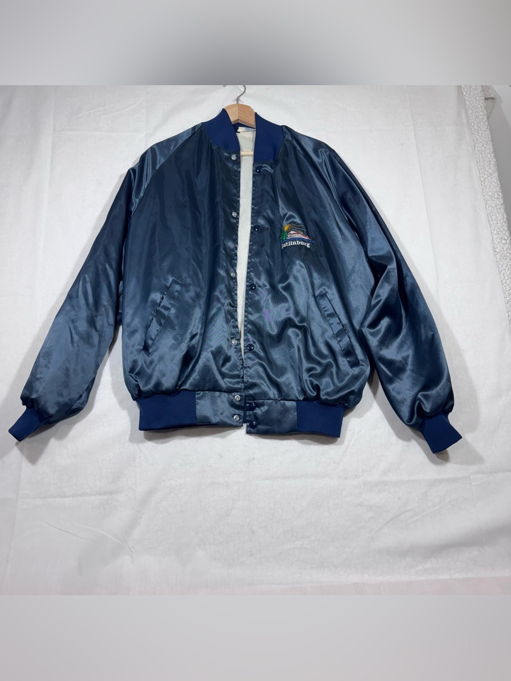 Vintage Westark Dark Blue Satin Bomber Jacket Size Large Gatlinburg, Tennessee